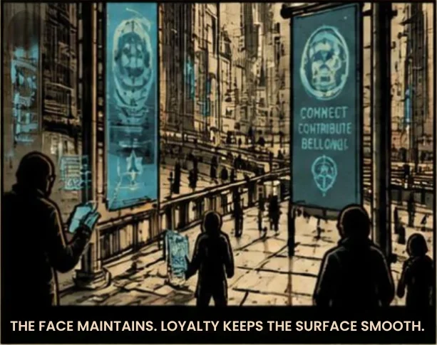 A crowd walks under banners reading Connect, Contribute, Belong. Caption: The Face maintains. Loyalty keeps the surface smooth.