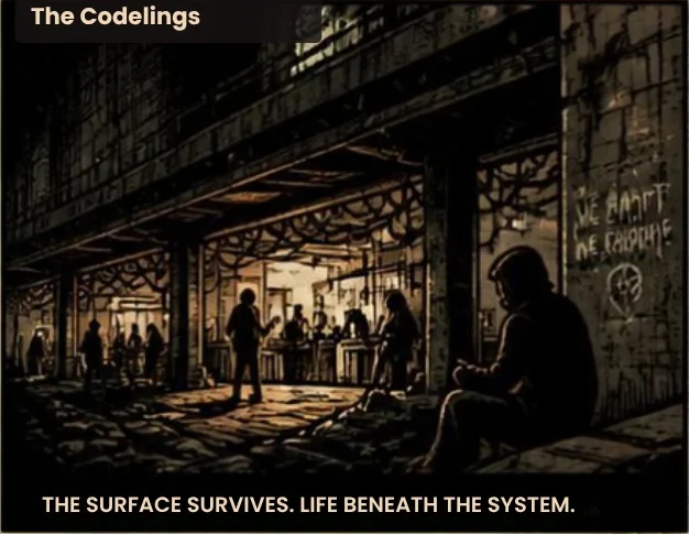 Survivors gather in a lamplit undercity hall. Caption: The surface survives. Life beneath the system.