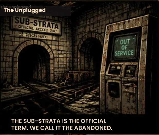 A Sub-Strata station with an out-of-service kiosk. Caption: The Sub-Strata is the official term. We call it the Abandoned.